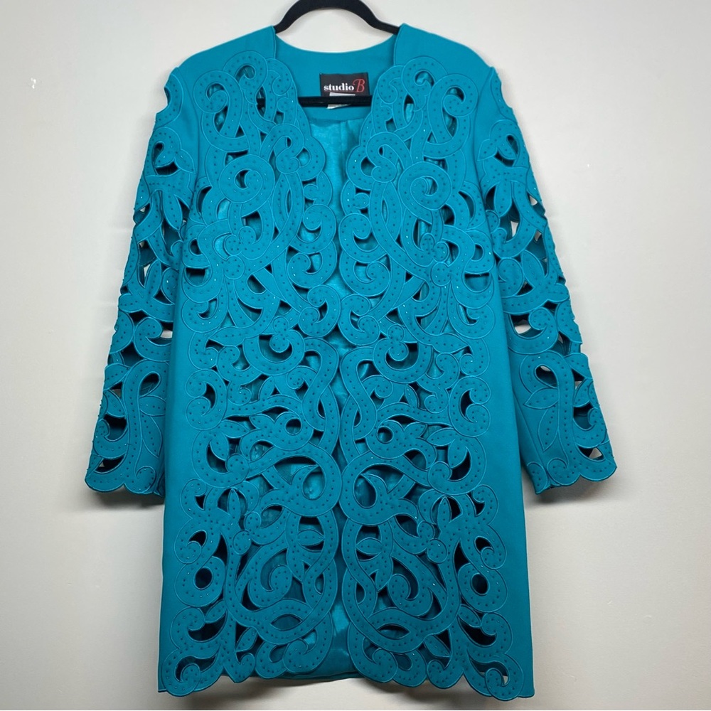 Studio B Beaded Intricate Thick Long Hollow Cut Formal Open Women's Dress Coat